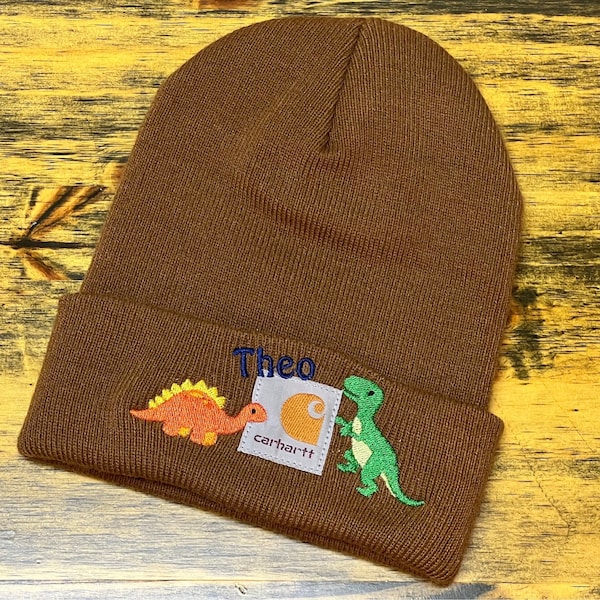 Kid Carhartt Brown Embroidered Beanie, Embroidered Winter Hat, Embroidered Dinosaur Carhartt Beanie, Toddler Embroidered Beanie, Custom Hat