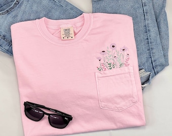 Wildflower Pocket Shirt, Comfort Colors Embroidered Tshirt, Embroidered Flower Shirt, Garden Flower Shirt, Flower Pocket Shirt, Gift for her