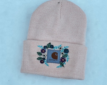 Pink Carhartt Embroidered Beanie, Embroidered Womens Winter Hat, Embroidered Floral Carhartt Beanie, Floral Embroidered Beanie, Gift for Her