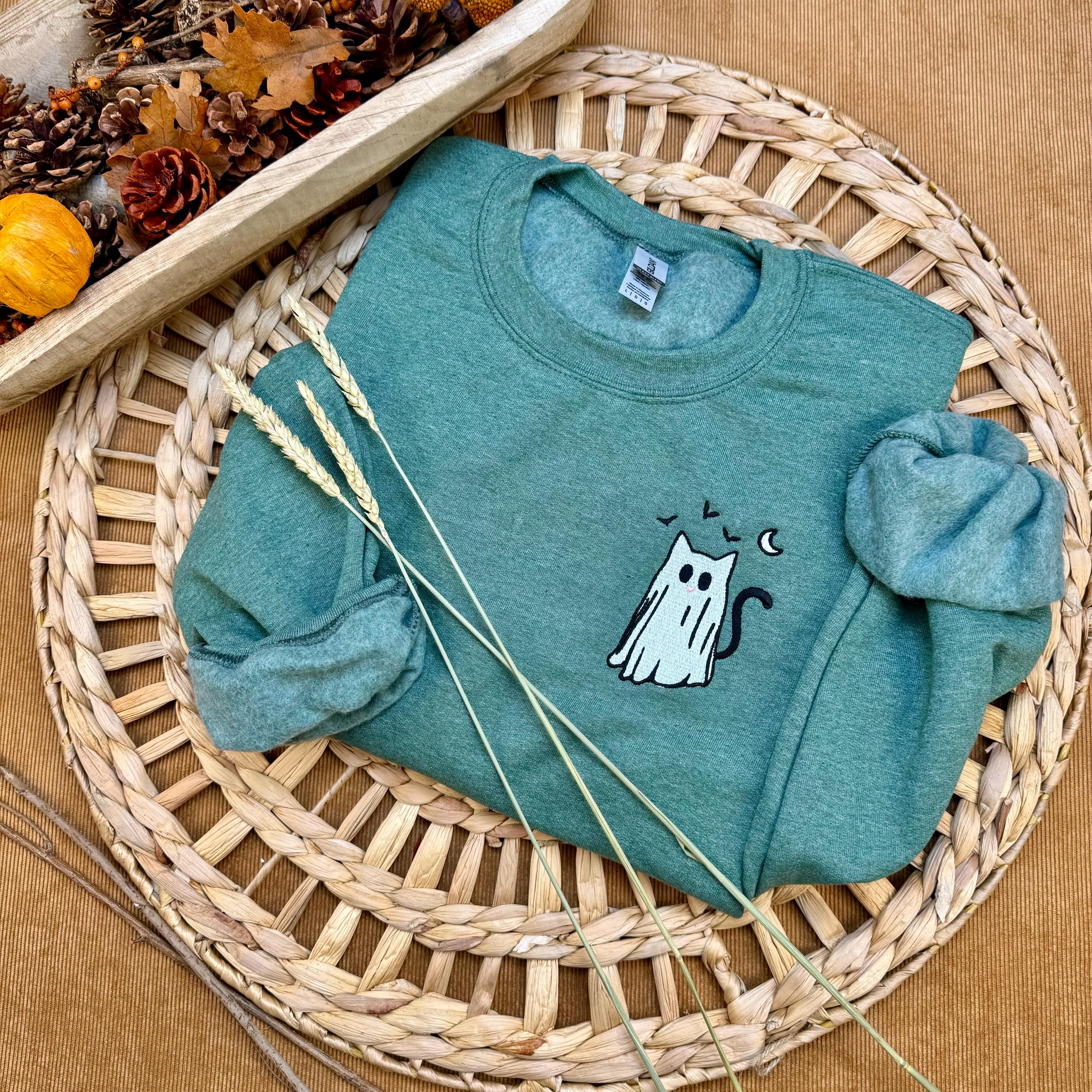 Embroidered Halloween Cat Sweatshirt, Halloween Ghost T-Shirt, Halloween Sweatshirt, Ghost Cat Crewneck, Halloween Shirt, Halloween Gift