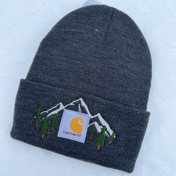 Carhartt Embroidered Beanie, Embroidered Winter Hat,  Carhartt Beanie, Gift for Her, Gift for Him, Forest & Mountain Hat, Hiking Winter Hat