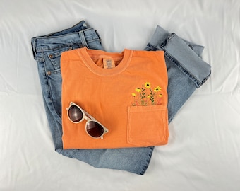 Melon Comfort Colors Embroidered Tshirt, Spring Tee, Wildflower Pocket Shirt, Embroidered Flower Shirt, Flower Pocket Shirt, Gift for her