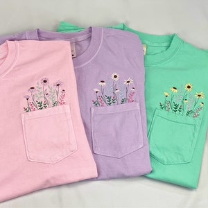 Wildflower Pocket Shirt, Comfort Colors Embroidered Tshirt, Embroidered Flower Shirt, Garden Flower Shirt, Flower Pocket Shirt, Gift for her