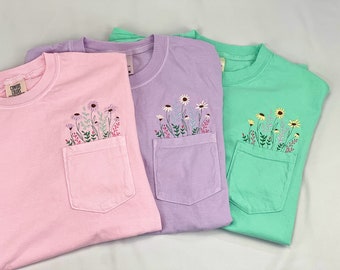 Comfort Colors Embroidered Tshirt, Wildflower Pocket Shirt, Embroidered Flower Shirt, Flower Boho Shirt, Flower Pocket Shirt, Gift for her