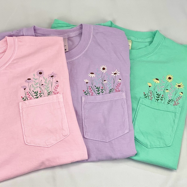 Comfort Colors Embroidered Tshirt, Wildflower Pocket Shirt, Embroidered Flower Shirt, Flower Boho Shirt, Flower Pocket Shirt, Gift for her