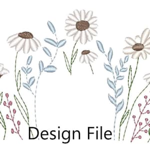 May include: An embroidered floral design featuring white daisies with brown centers, light blue leaves, and red and purple accents. The text "Design File" is at the bottom. This design is suitable for various craft projects.