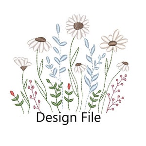 May include: Embroidered design featuring a cluster of white daisies with brown centers, surrounded by green and blue leaves. The design includes the text "Design File".