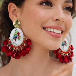 Handmade Honduras Earrings, Macaw Bird Statement Earrings, Artisan Jewelry, Lightweight Boho Earrings, Colorful Latin Handmade Jewelry Gift