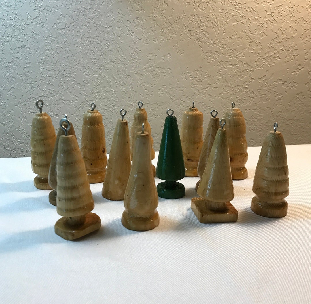 Rustic Pine Christmas Tree Ornaments: Shiny Shellac & Green Enamel, Set ...