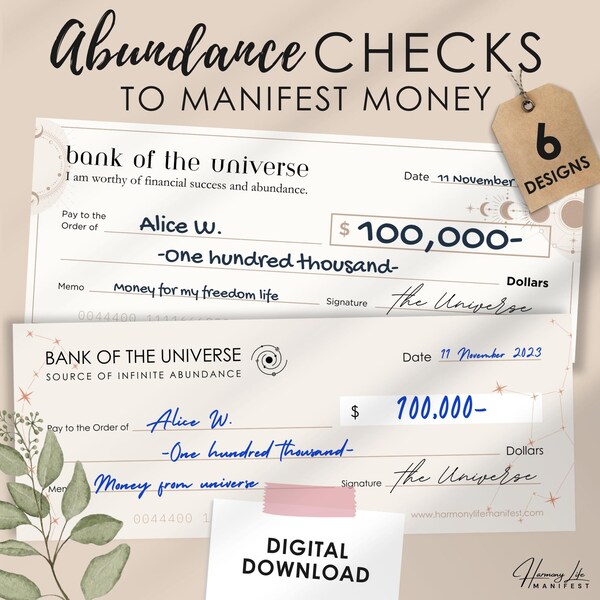 Money Manifestation Abundance Checks vision, Manifest Abundance Cheques For Manifesting Money, Printable Financial Abundance Check