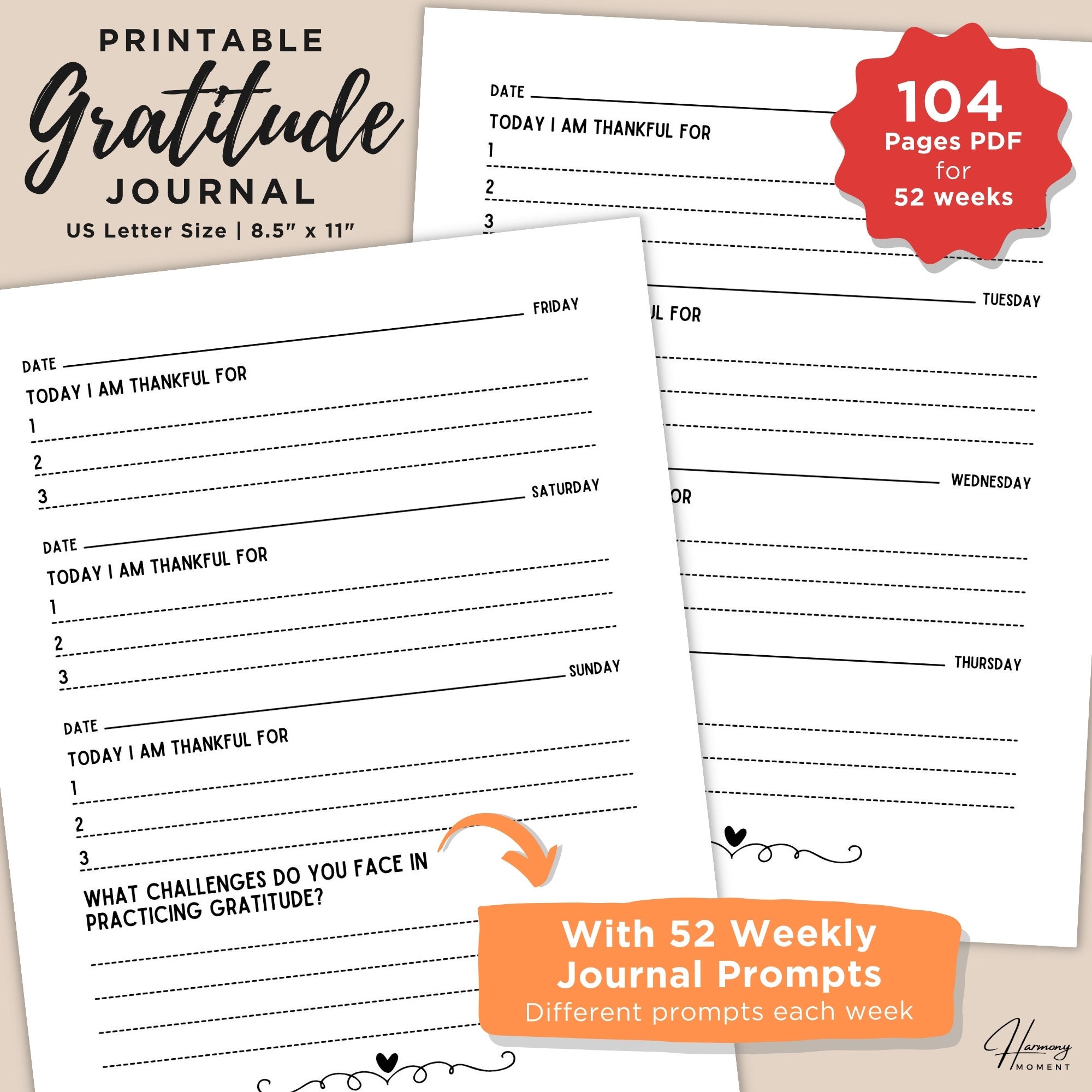 Gratitude Journal Printable, Daily Gratitude Template, 52-week ...