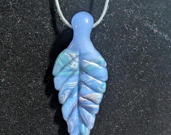Light Blue Glass Leaf Pendant | Hand Carved Borosilicate Necklace | Nature-Inspired Flame Worked Jewelry