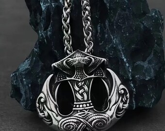 Unique -Solid Stainless Odin Norse Battle Hammer w Double Ravens Medallion w rope chain gift