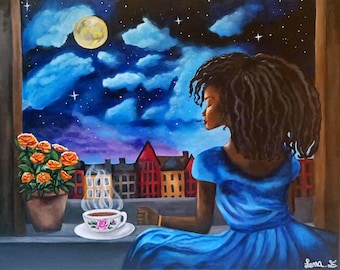 Black Woman Acrylic Painting on Canvas, Night Sky Cityscape, Original Wall Art (16x20in)
