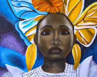 Original Acrylic Painting: Black Woman with Butterflies, Celestial Art (12x12)