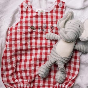 Hand Embroidered Football Elephant  and Shaker on Cotton Overalls - Baby Girl/Baby Boy/Toddler Romper Bubble Alabama Football Season Outfit