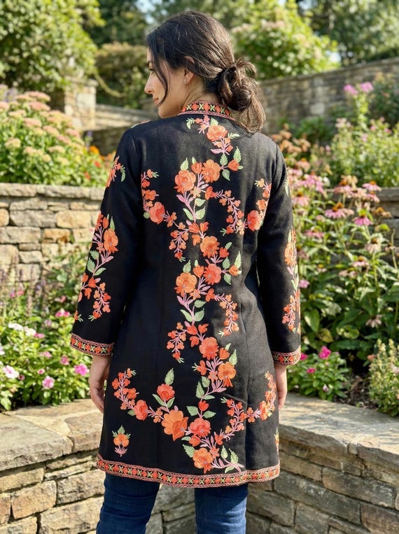 SIZE:- XL, Kashmiri Ari Work Long Jacket – Hand-embroidered Wool