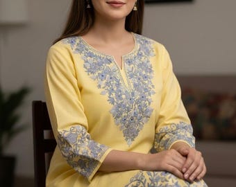 TALLA: S, Conjunto de cordón de algodón bordado – Conjunto de kurta y pantalón de dos piezas hecho a mano al estilo cachemir