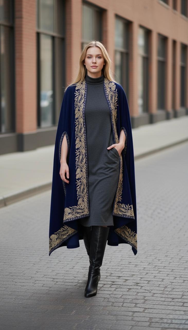 Kashmiri Velvet Embroidered Cape Soft Shawl Boho Winter Ethnic