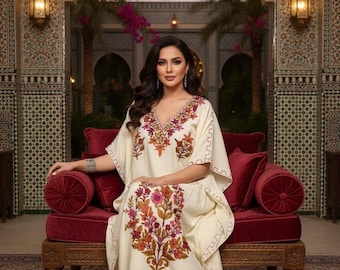 Embroidered Cotton Crush Kaftan | Kashmiri Floral Gown | Summer Ethnic Kaftan Dress for Women | summer long maxi or gown