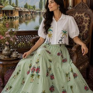 Mint Green Cotton shirt and skirt Set for Women | Embroidered Puff Sleeve Shirt & Flared Maxi Skirt | Cottagecore Summer Outfit