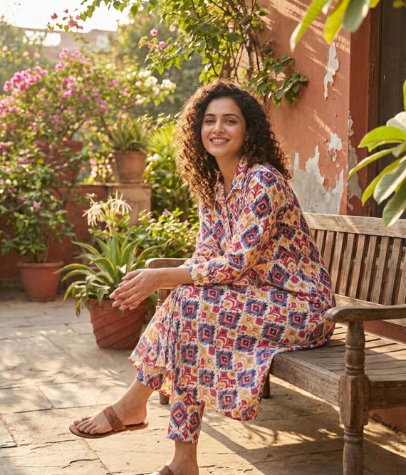 Ikkat Print Cotton Kurti Set | Cambric Shirt Dress with Pants | Indo Western Cord Set | Summer Beach Outfit for Women