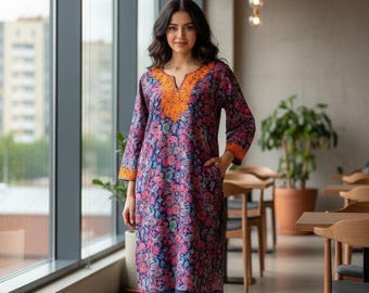 Kashmiri Kalamkari Short Tunic, Elegant Indo Western Fusion Kurta