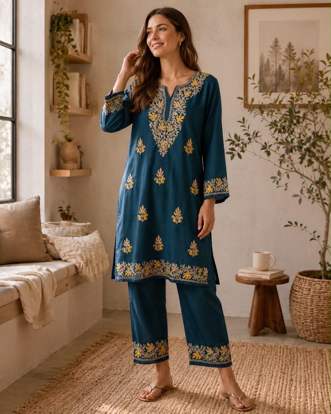 SIZE:- S, L Embroidered Cotton Cord Set - Kashmiri Handmade Two-Piece Kurta Pant Outfit