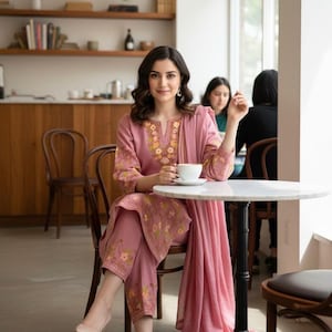 Maat S, Geborduurde katoenen corduroy set – Handgemaakte tweedelige kurta-broek outfit uit Kasjmir