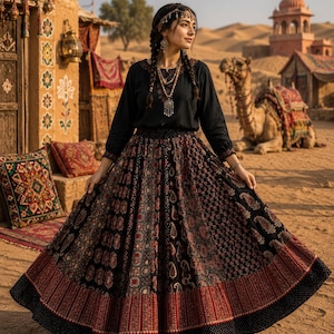 May include: A long-sleeved black blouse paired with a voluminous, floor-length skirt featuring a complex pattern of paisley, geometric shapes, and floral motifs in shades of red, black, and white, finished with a wide, dark, patterned border.