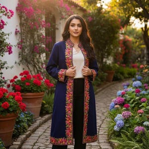 May include: A long, navy blue coat with intricate floral embroidery in shades of pink, orange, and green. The coat is worn over a white top and black pants. The setting is an outdoor garden with flowers and a stone pathway.