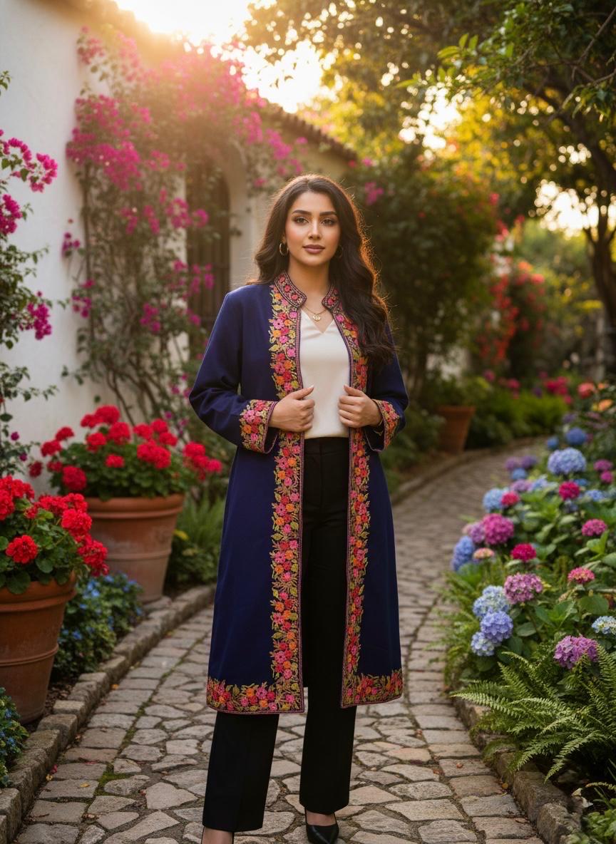 SIZE:- 2XL, Kashmiri Ari Work Long Jacket - Hand-Embroidered Wool Coat - Boho Winter Coat - Ethnic wear