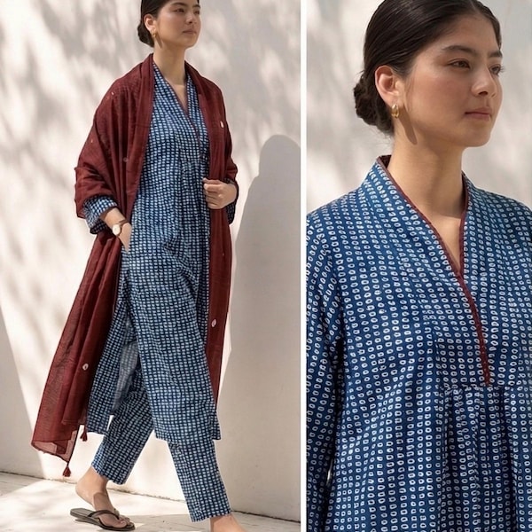 A-Line-Anzugsset aus reiner Baumwolle mit Hand Bandhani Kota Doriya Dupatta - Kastanienbraunes Ethnic Kurta Set - Festliche Kleidung - Indisch- Pakistanischer Anzug