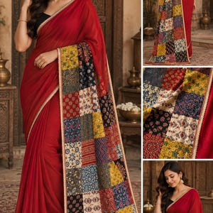May include: A solid red saree featuring a wide border composed of a multi-colored patchwork design with various floral and geometric patterns. The border is finished with a thin gold trim along the edges, contrasting with the plain red fabric.