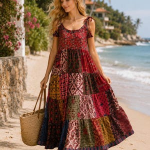 Handmade Ajrakh Patchwork Maxi Dress | Boho Cotton Drawstring Dress | Hand Block Print Kutchi Cotton One Piece | Flowy Summer Beach Dress |