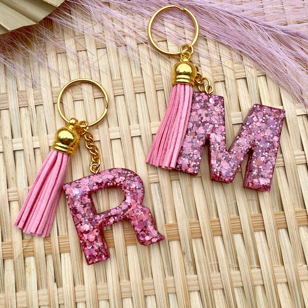 Initial Keychain Alphabet Keychain Glitter Initial Sparkly Keyring Bag Charms Pink Glitter Resin Bestie Gift