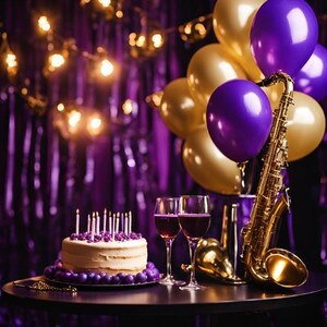 May include: A purple and gold birthday party scene with a saxophone, balloons, wine glasses, and a cake with purple candles.