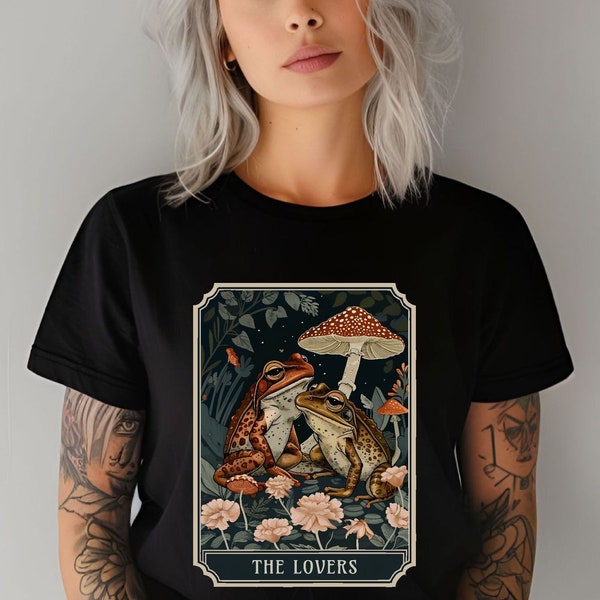 The Lovers Tarot Card Unisex Cotton Tshirt, dark academia witchy trendy goblincore clothing frogs mushroom cottagecore tee lover gift mom