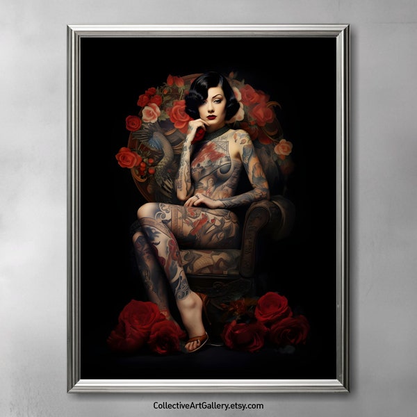 Tätowierte Frau auf einem Stuhl Kunstdruck Poster, Gothic Dark Academia Tattoo Liebhaber Geschenk Wohnkultur, Halloween kunstvolles Dekor, ästhetische Wandkunst