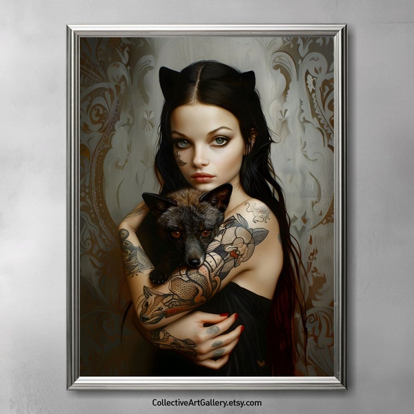 Tattooed Fox Girl with a Fox Art Print, modern decoration, gothic dark academia wild animal pet lovers gift home decor vintage portrait