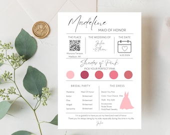 Editable Bridesmaid and Groomsman Info Card Template with Instant Access | Bridal Information, Maid of Honor Card, Bridesmaid Proposal Card