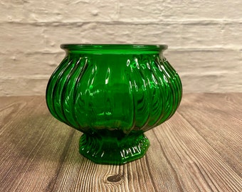 Emerald Green Collectible E.O. Brody Vase, MCM Ribbed Glass Short Bowl Vase Home Decor