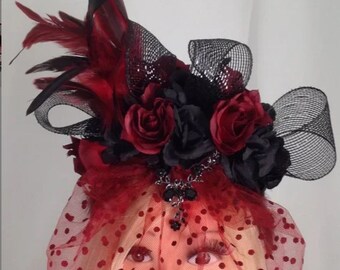 Black and Red Ribbon and Feather Headpiece Fascinator