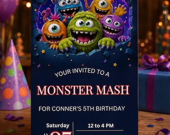 Plantilla de invitación de cumpleaños con temática de monstruos / Invitación editable para fiesta infantil de monstruos (descarga digital)