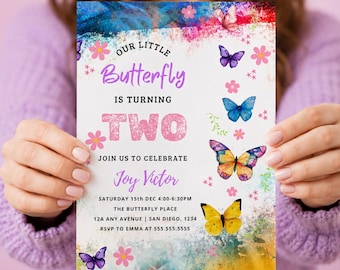 Plantilla de invitación de cumpleaños con mariposas / Invitación de fiesta para niña con acuarela floral (Descarga digital)
