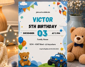 Invitación de cumpleaños con temática de camión de osito de peluche / Invitación editable para fiesta de niños (descarga digital)