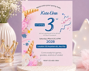 Plantilla de invitación de cumpleaños de unicornio / Invitación de fiesta mágica para niñas en Canva (Descarga digital)
