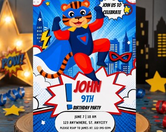 Plantilla de invitación de cumpleaños de superhéroe tigre / Invitación editable para fiesta infantil (Descarga digital)