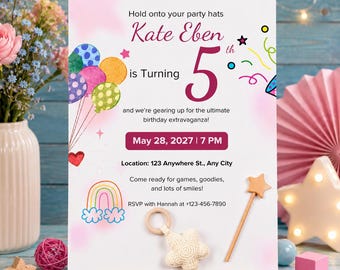 Plantilla de invitación de cumpleaños infantil / Invitación editable para fiesta de niñas (Descarga digital)
