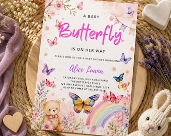 Invitación para baby shower con osito de peluche y mariposa / Niña rosa, plantilla editable de Canva (descarga digital)